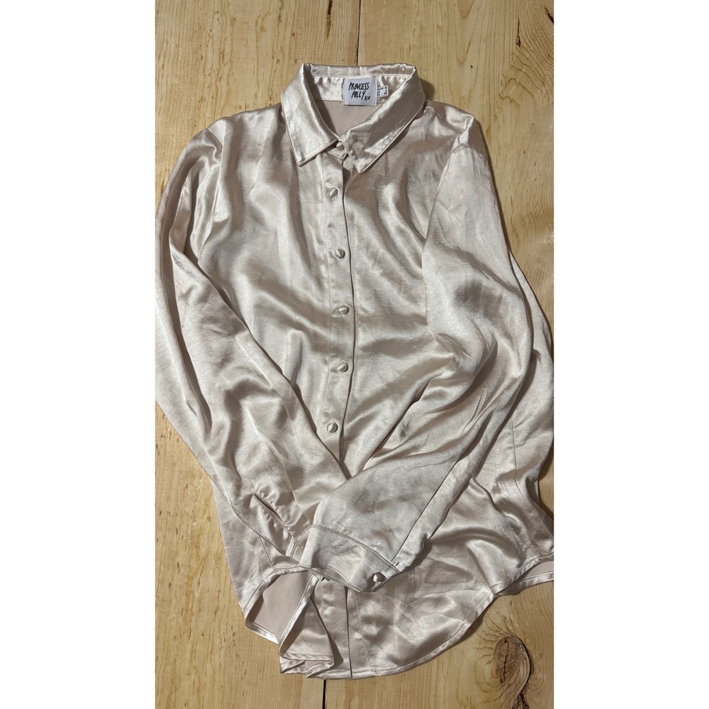 Princess Polly Champagne Satin Button Down Blouse Long Sleeve Beige Size 6